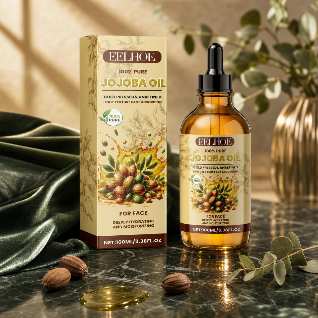 Jojoba oil on jade marble with jojoba seeds