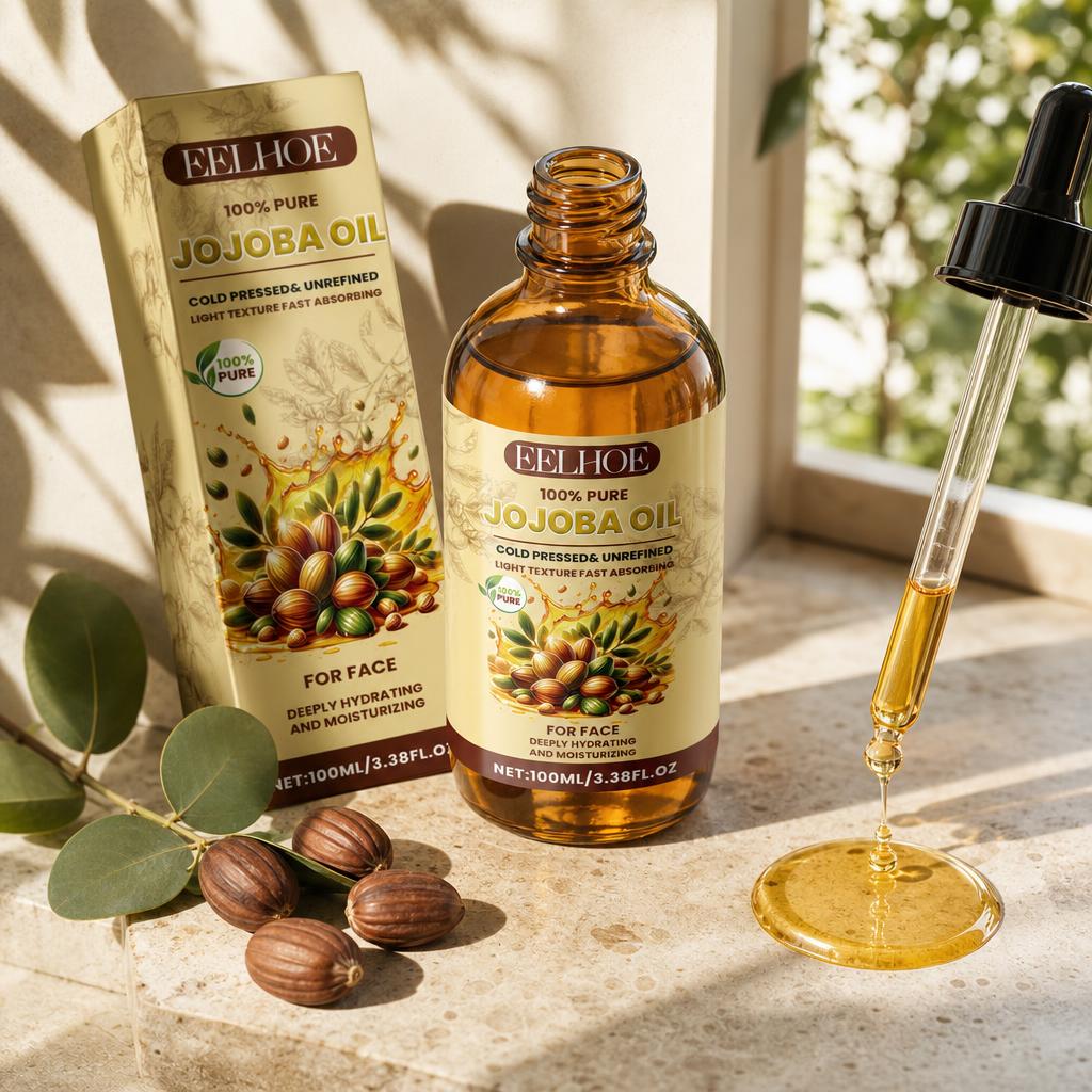 Golden drop of jojoba oil from the dropper