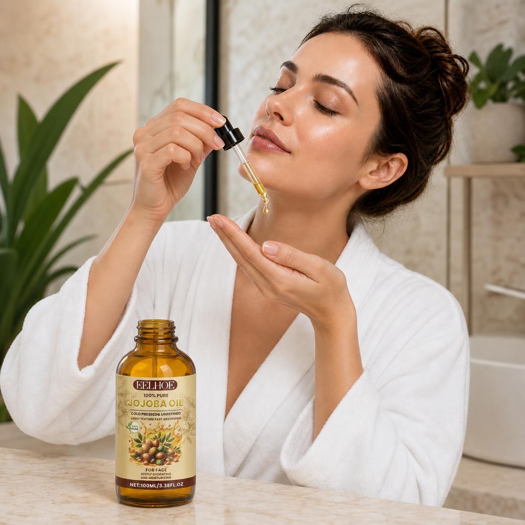 Woman applying jojoba face oil with the dropper