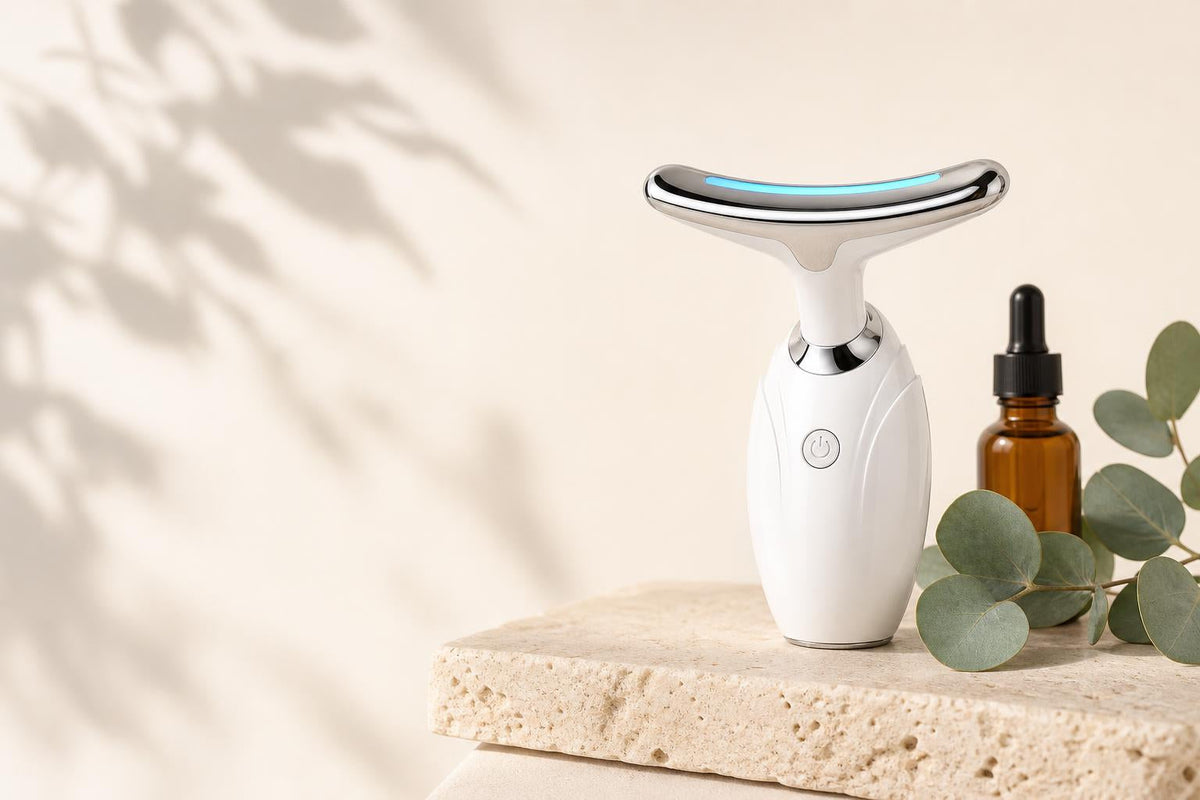 LED lifting device on travertine with serum and eucalyptus
