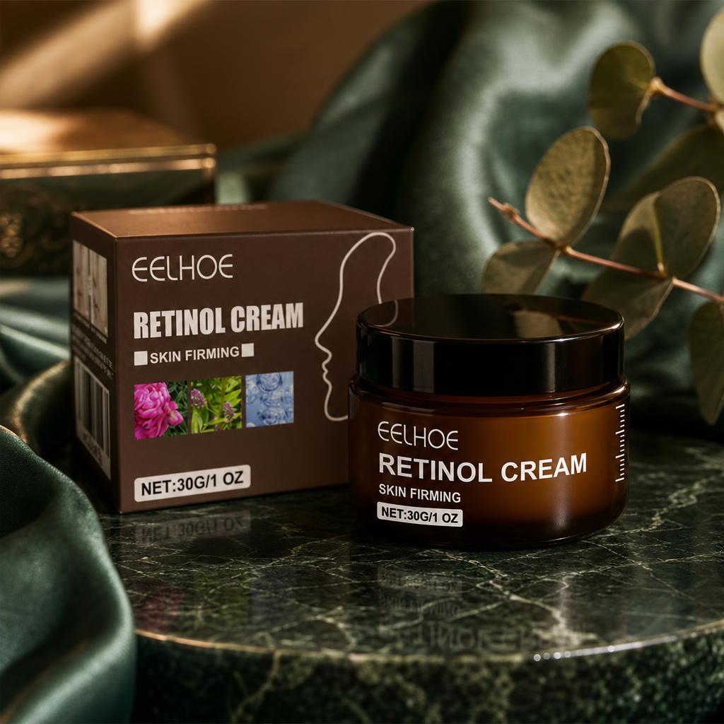 Retinol cream on jade marble with eucalyptus