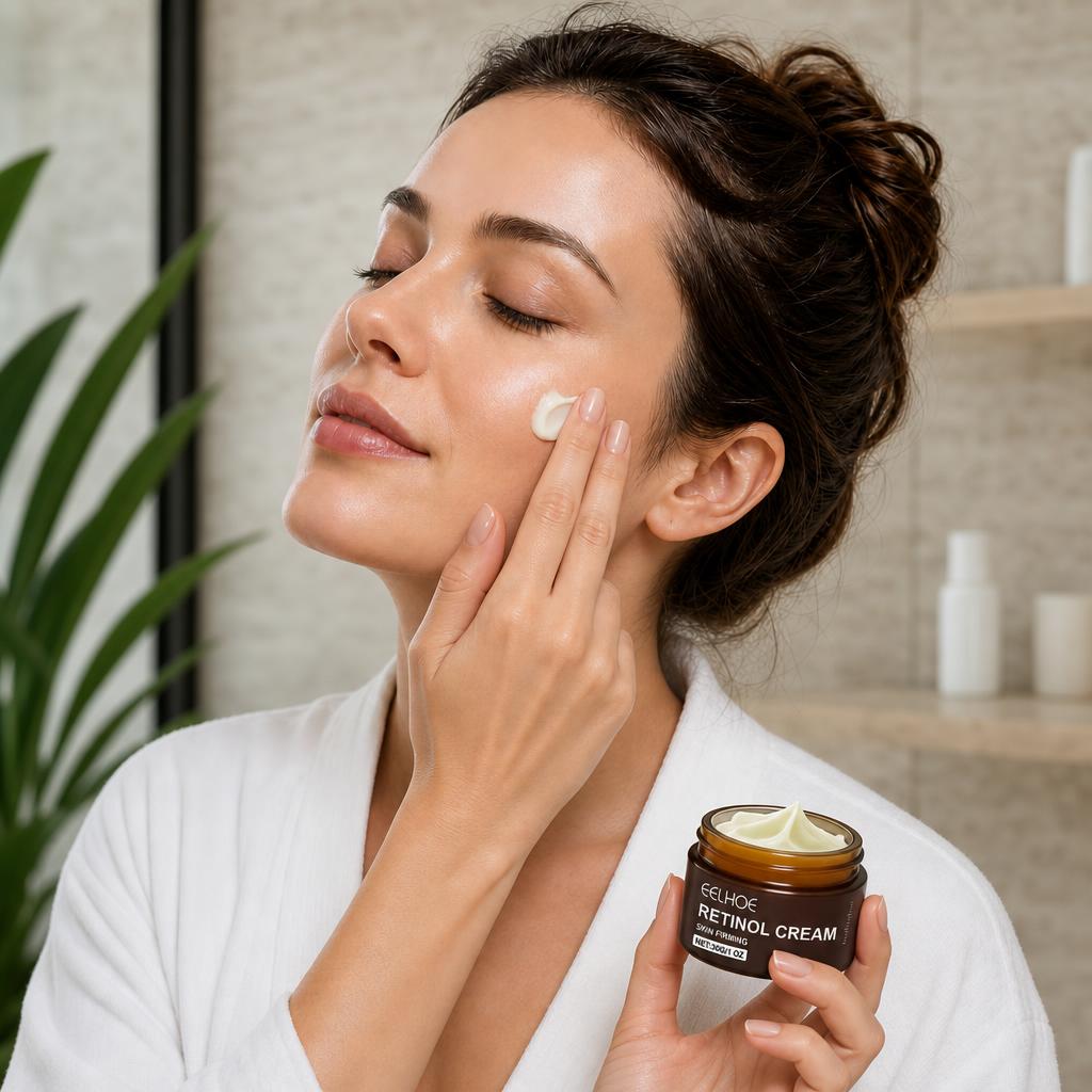Woman applying retinol cream to her cheek