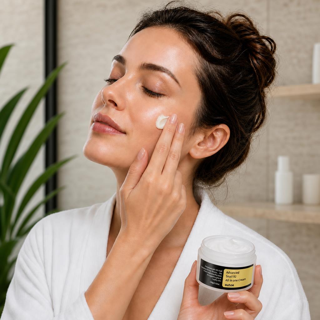 Woman applying snail cream to her cheek