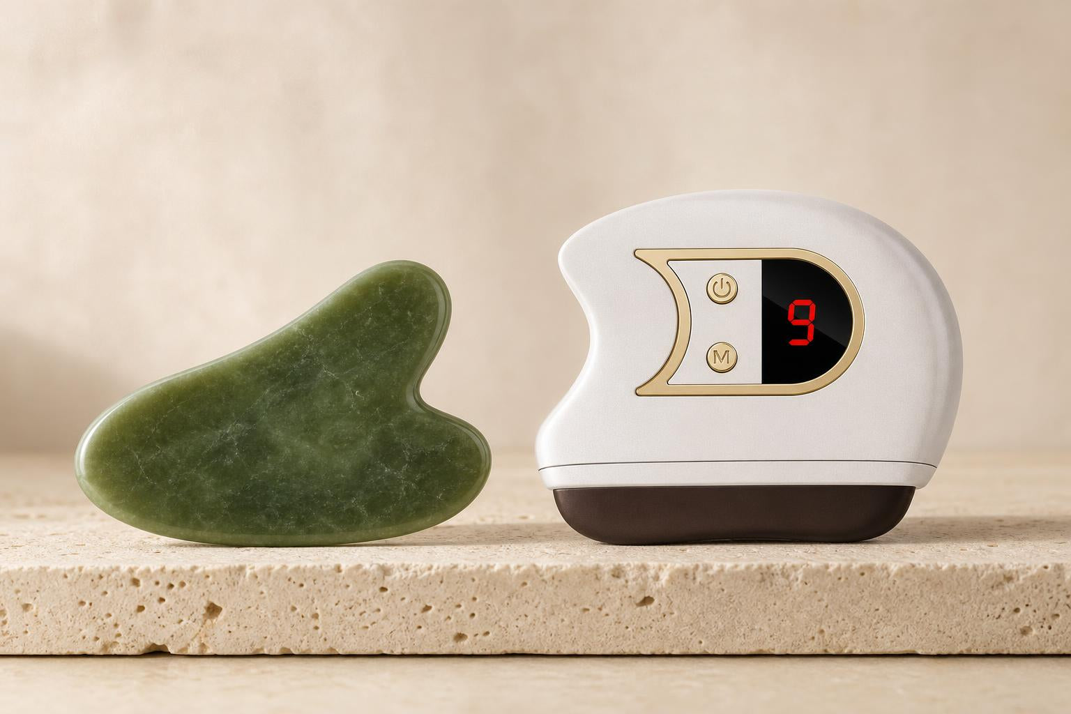 Traditional jade gua sha stone next to the Clearcut electric gua sha