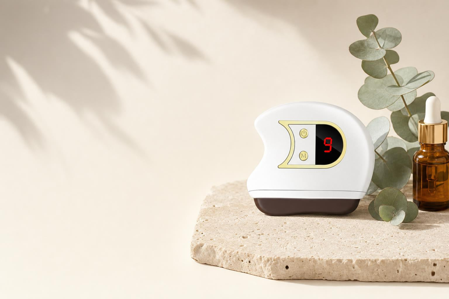 Clearcut electric gua sha on a travertine stone