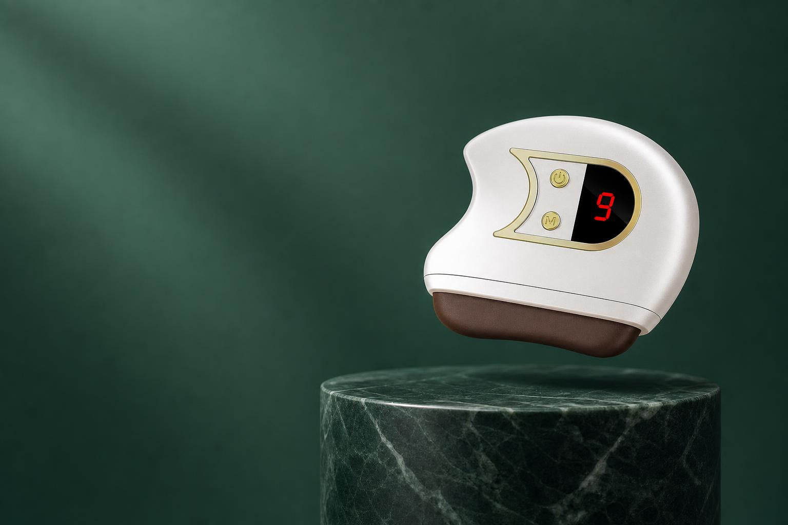 Clearcut electric gua sha floating over a jade pedestal