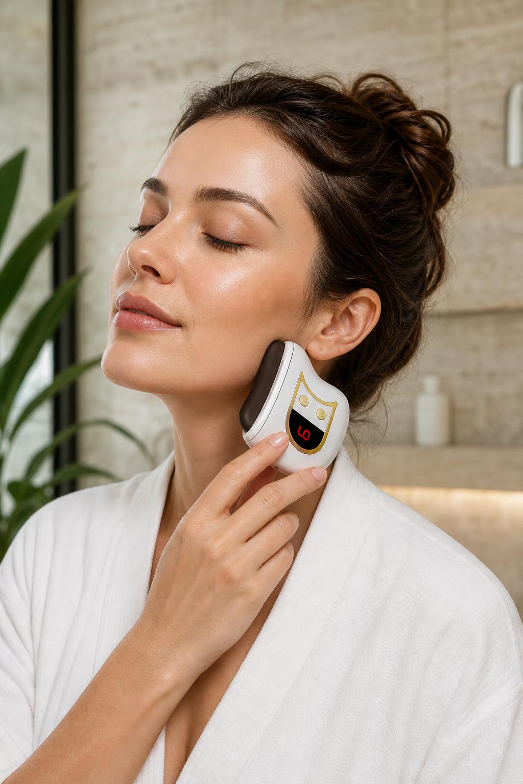 Woman using the Clearcut electric gua sha along her jawline
